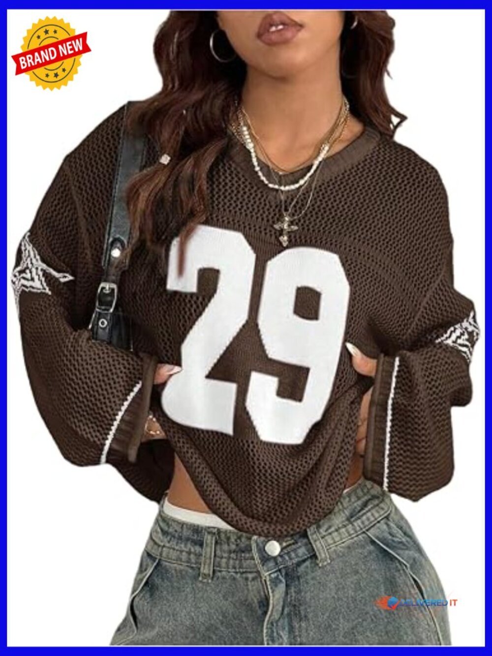 Oversized Crochet Sweater Pullover V-Neck Long Sleeve Y2K Graphic Going Out Top
